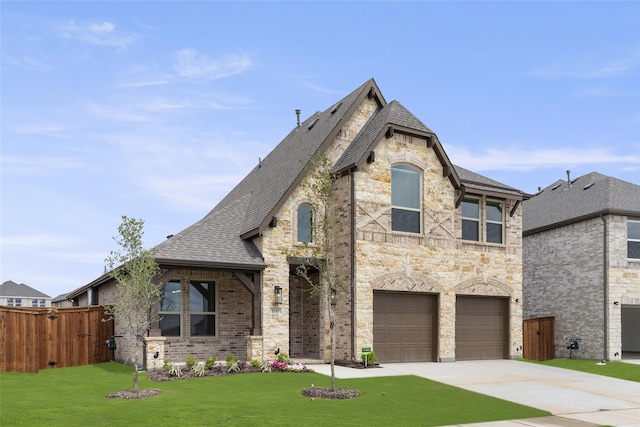 french provincial home featuring a garage and a front yard