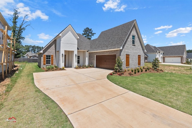 view of front of house with brick siding, a front lawn, concrete driveway, an attached garage, and a shingled roof