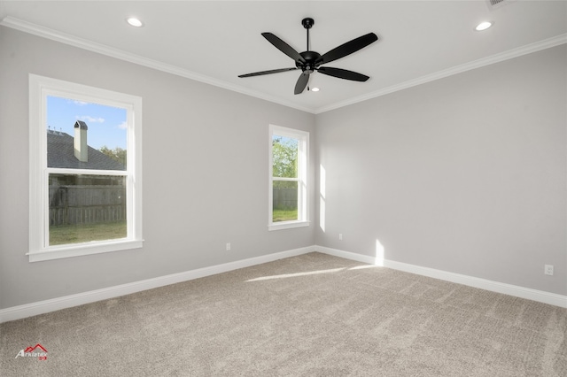 carpeted empty room with ceiling fan and ornamental molding