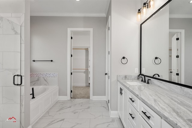 bathroom featuring crown molding, vanity, and shower with separate bathtub