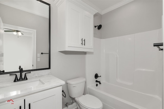 full bathroom featuring toilet, tub / shower combination, ornamental molding, vanity, and ceiling fan