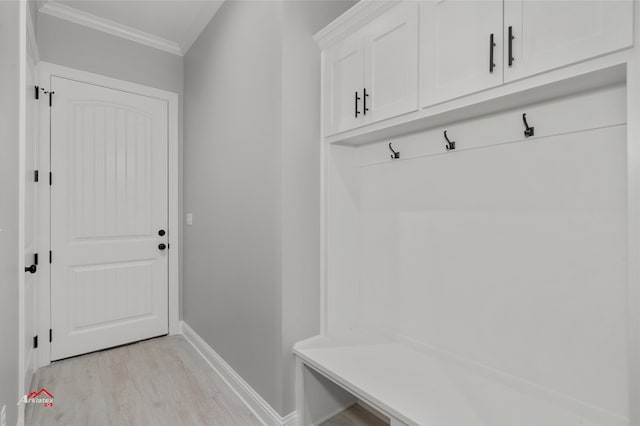 mudroom featuring ornamental molding and light wood-type flooring