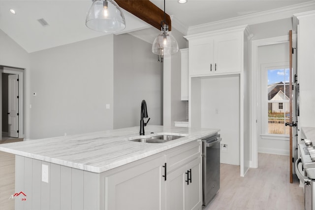 kitchen with white cabinetry, decorative light fixtures, dishwasher, and a center island with sink