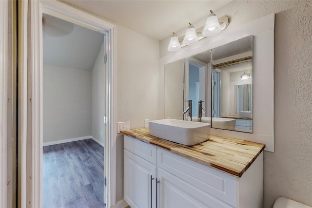 bathroom with hardwood / wood-style floors and large vanity