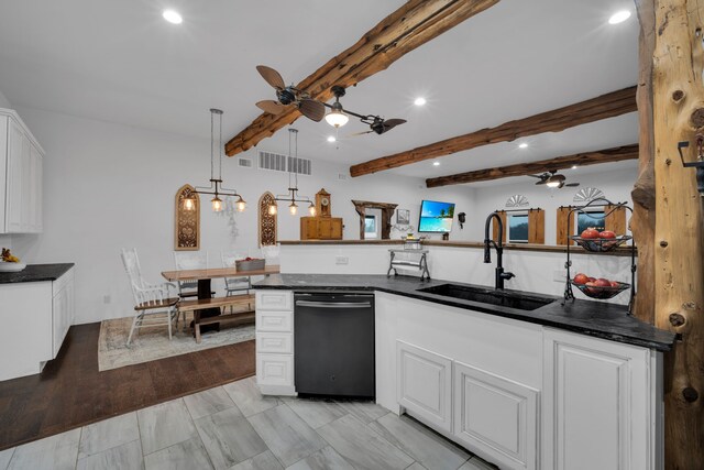 dining room with beam ceiling and dark hardwood / wood-style floors