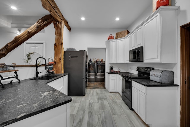 kitchen featuring ceiling fan, electric stove, beam ceiling, dishwasher, and white cabinets