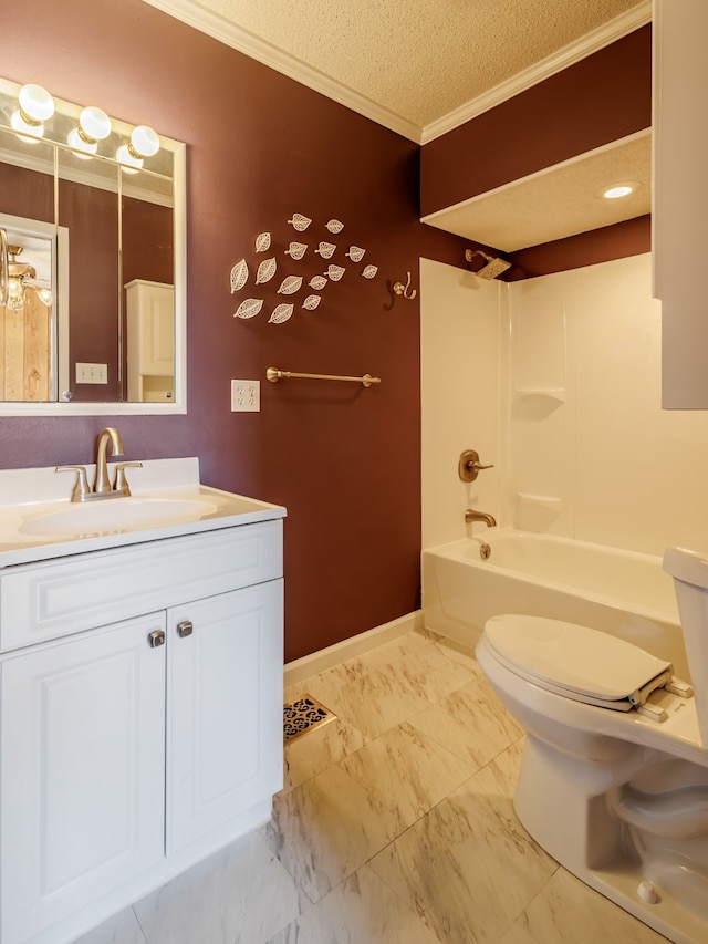 full bathroom featuring a textured ceiling, tub / shower combination, ornamental molding, vanity, and toilet