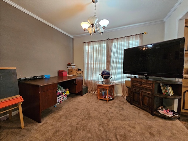 office space with light colored carpet, crown molding, and an inviting chandelier