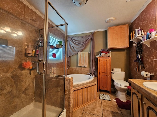 full bathroom with vanity, tile patterned floors, separate shower and tub, toilet, and ornamental molding