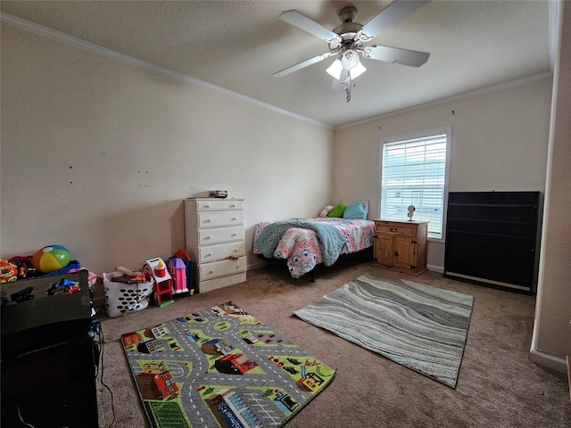 bedroom with carpet flooring, ceiling fan, and ornamental molding