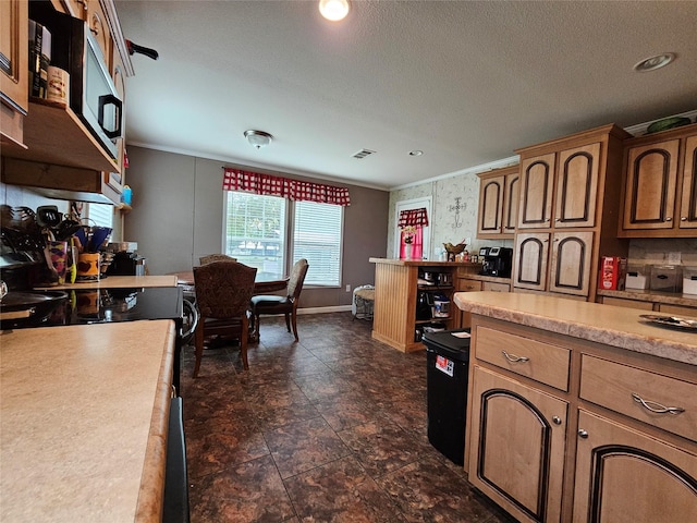 kitchen with ornamental molding and a textured ceiling