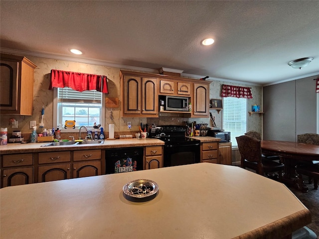 kitchen with a textured ceiling, sink, ornamental molding, and black appliances