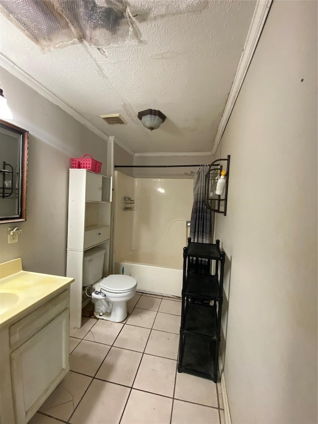 full bathroom featuring shower / bath combo, tile floors, toilet, ornamental molding, and vanity