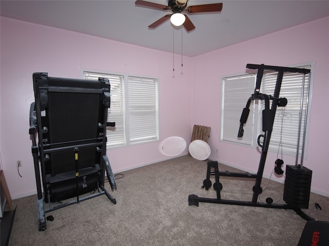 workout room with ceiling fan and carpet