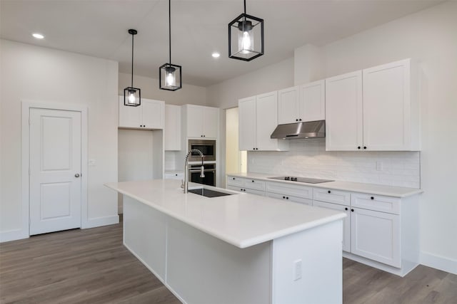 kitchen featuring under cabinet range hood, stainless steel appliances, a sink, white cabinets, and backsplash