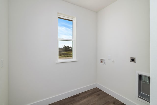 clothes washing area with laundry area, baseboards, dark wood finished floors, hookup for an electric dryer, and washer hookup