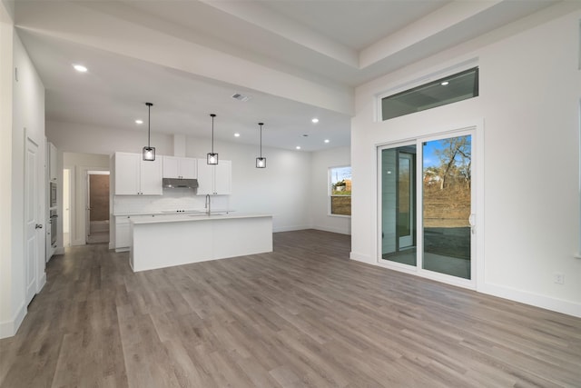 kitchen featuring light wood finished floors, light countertops, open floor plan, white cabinetry, and under cabinet range hood