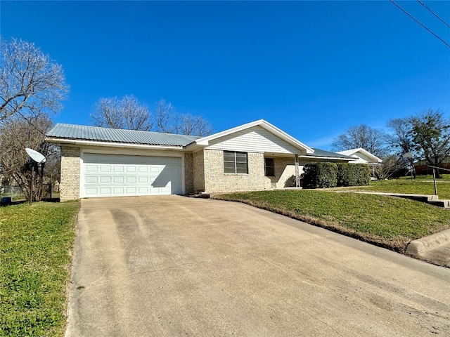 single story home featuring a front yard and a garage