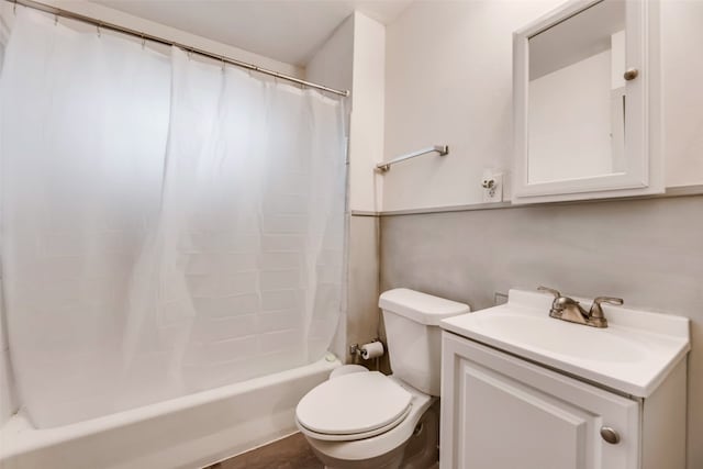 full bathroom with vanity, toilet, and shower / bathtub combination with curtain