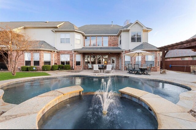 view of patio with a pergola, an outdoor kitchen, area for grilling, and ceiling fan