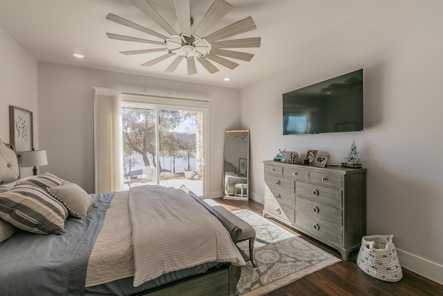 bedroom with hardwood / wood-style floors, ceiling fan, and access to exterior