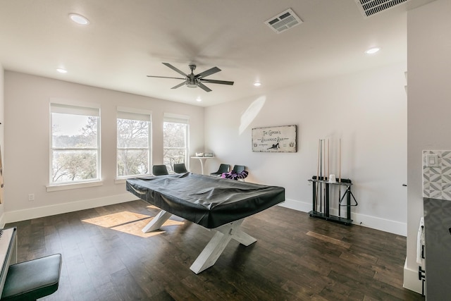 recreation room with dark hardwood / wood-style flooring, pool table, and ceiling fan