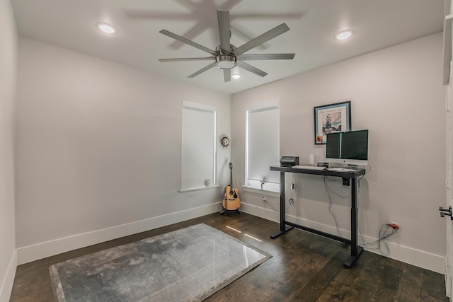 office featuring ceiling fan and dark hardwood / wood-style flooring