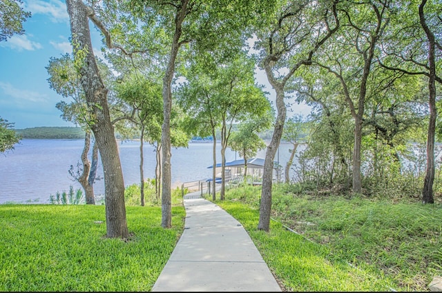 view of home's community featuring a water view and a lawn