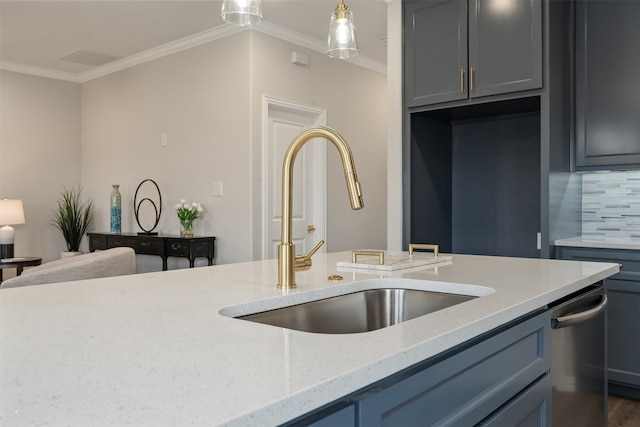 kitchen featuring backsplash, dishwasher, light stone countertops, sink, and ornamental molding