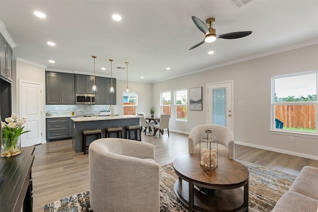 living room with light wood-type flooring, ceiling fan, and ornamental molding