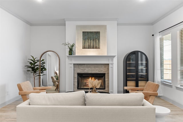 living room featuring ornamental molding and light hardwood / wood-style floors