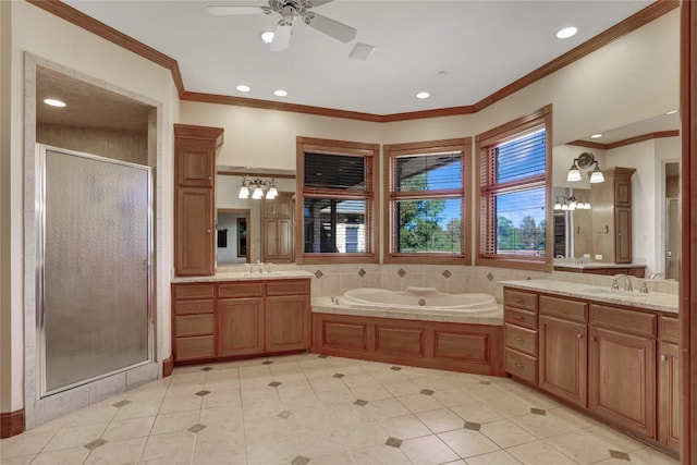 bathroom featuring shower with separate bathtub, ceiling fan, and vanity