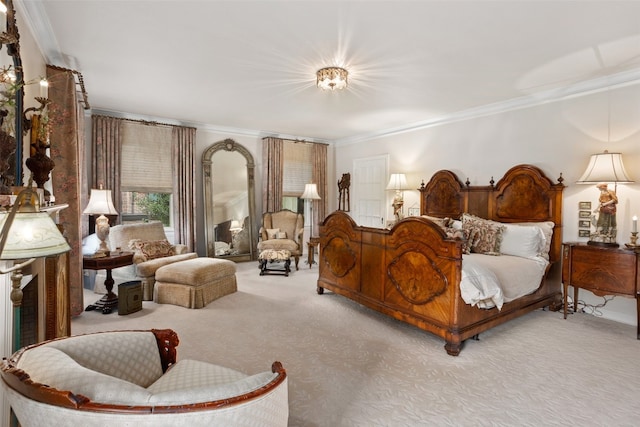 carpeted bedroom with ornamental molding