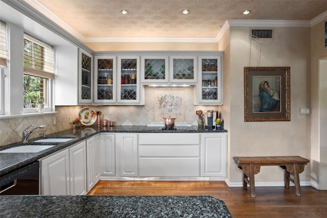 bar featuring black dishwasher, white cabinets, backsplash, and dark hardwood / wood-style floors