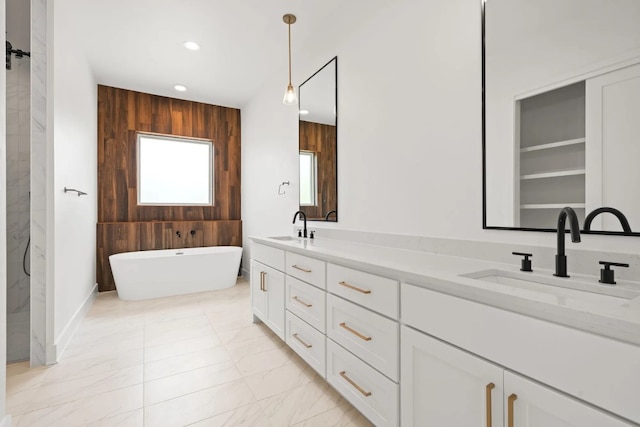 bathroom featuring wooden walls, tile floors, and double vanity