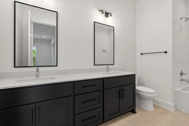 full bathroom featuring shower / washtub combination, toilet, tile flooring, and dual vanity