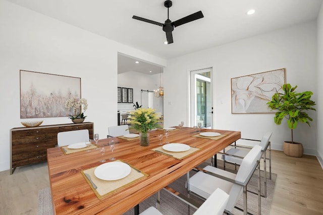 dining room featuring ceiling fan with notable chandelier and light hardwood / wood-style flooring