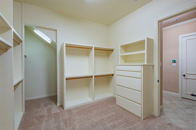 walk in closet with light carpet