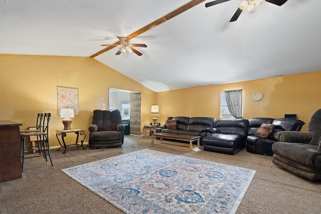 living room with light carpet, ceiling fan, and lofted ceiling