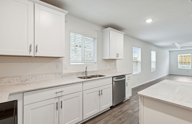 kitchen featuring light stone counters, stainless steel dishwasher, dark wood-type flooring, sink, and white cabinetry