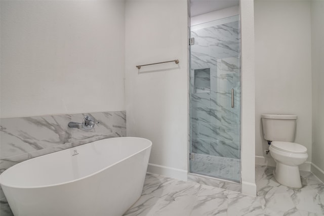 bathroom featuring toilet, tile walls, and shower with separate bathtub