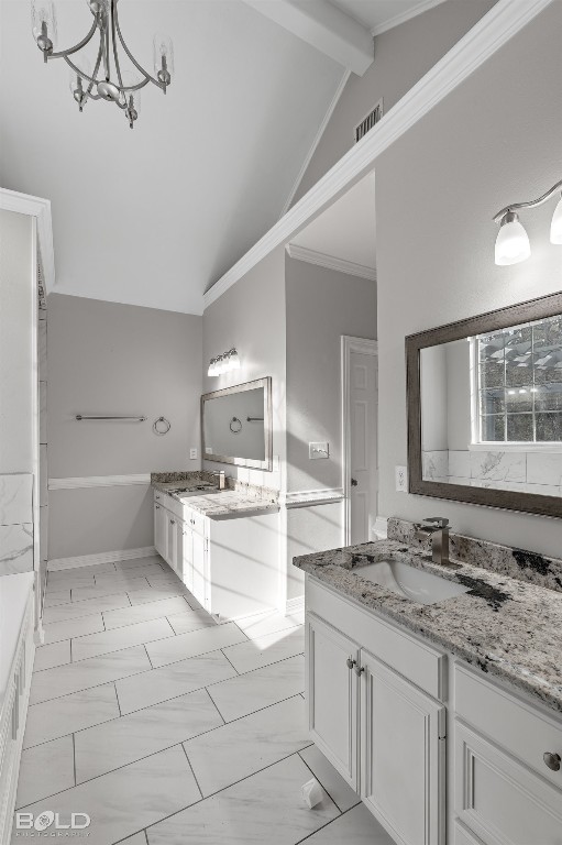 bathroom featuring a notable chandelier, vanity, vaulted ceiling with beams, and crown molding