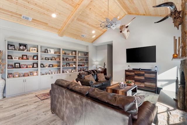 living room with built in features, ceiling fan, wooden ceiling, beam ceiling, and light hardwood / wood-style flooring