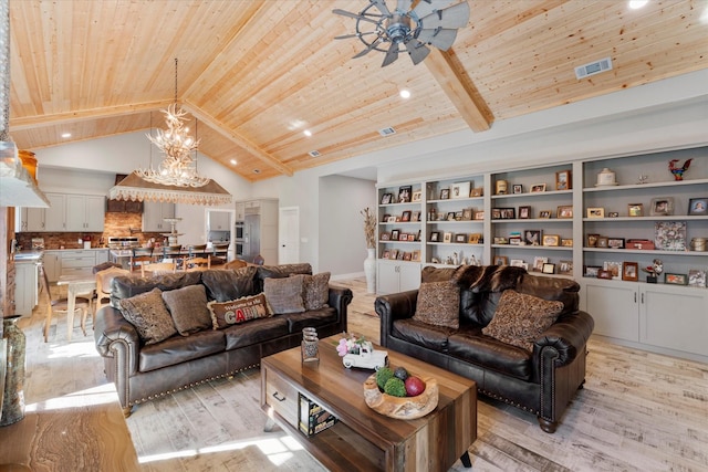 living room featuring wood ceiling, ceiling fan with notable chandelier, lofted ceiling with beams, and light wood-type flooring