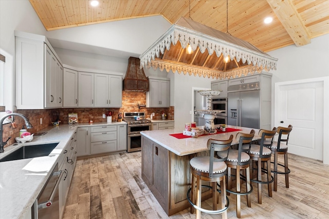 kitchen with sink, wood ceiling, a center island, appliances with stainless steel finishes, and decorative backsplash