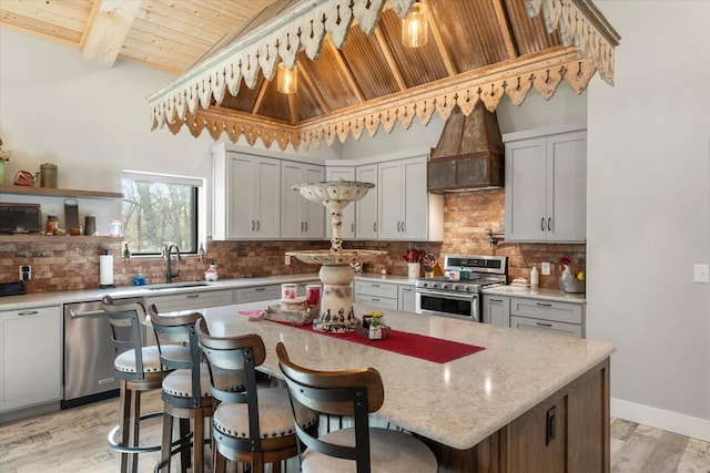 kitchen with premium range hood, a kitchen island, sink, wood ceiling, and stainless steel appliances