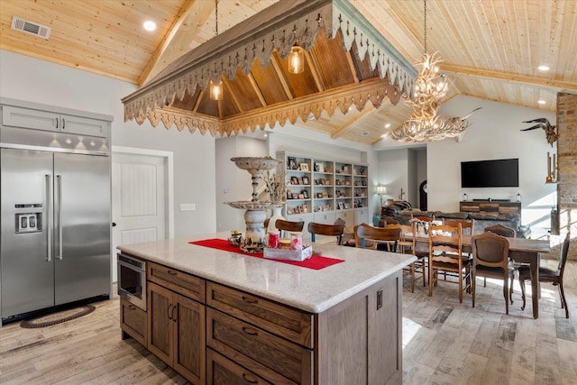 kitchen featuring vaulted ceiling with beams, wood ceiling, light wood-type flooring, and built in refrigerator