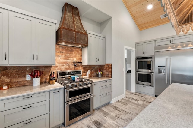 kitchen featuring backsplash, custom exhaust hood, stainless steel appliances, wooden ceiling, and light wood-type flooring