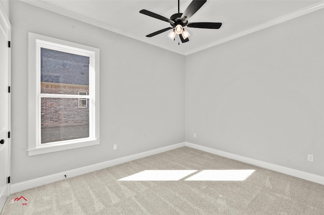 carpeted spare room featuring ornamental molding and ceiling fan