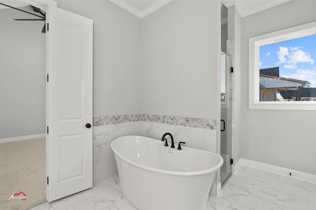 bathroom with tile flooring, separate shower and tub, ceiling fan, tile walls, and ornamental molding